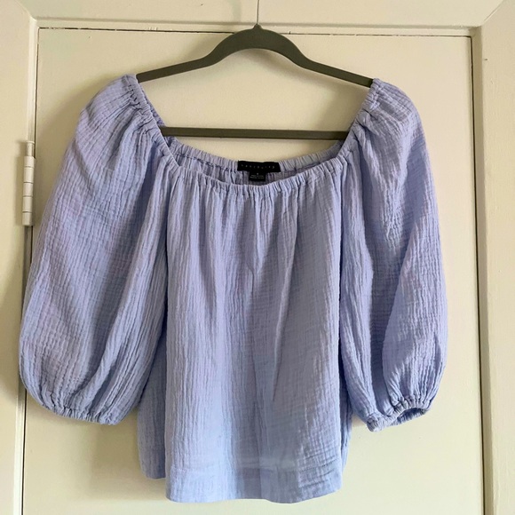 Tops - Blue Gauze Square-Neck Blouse